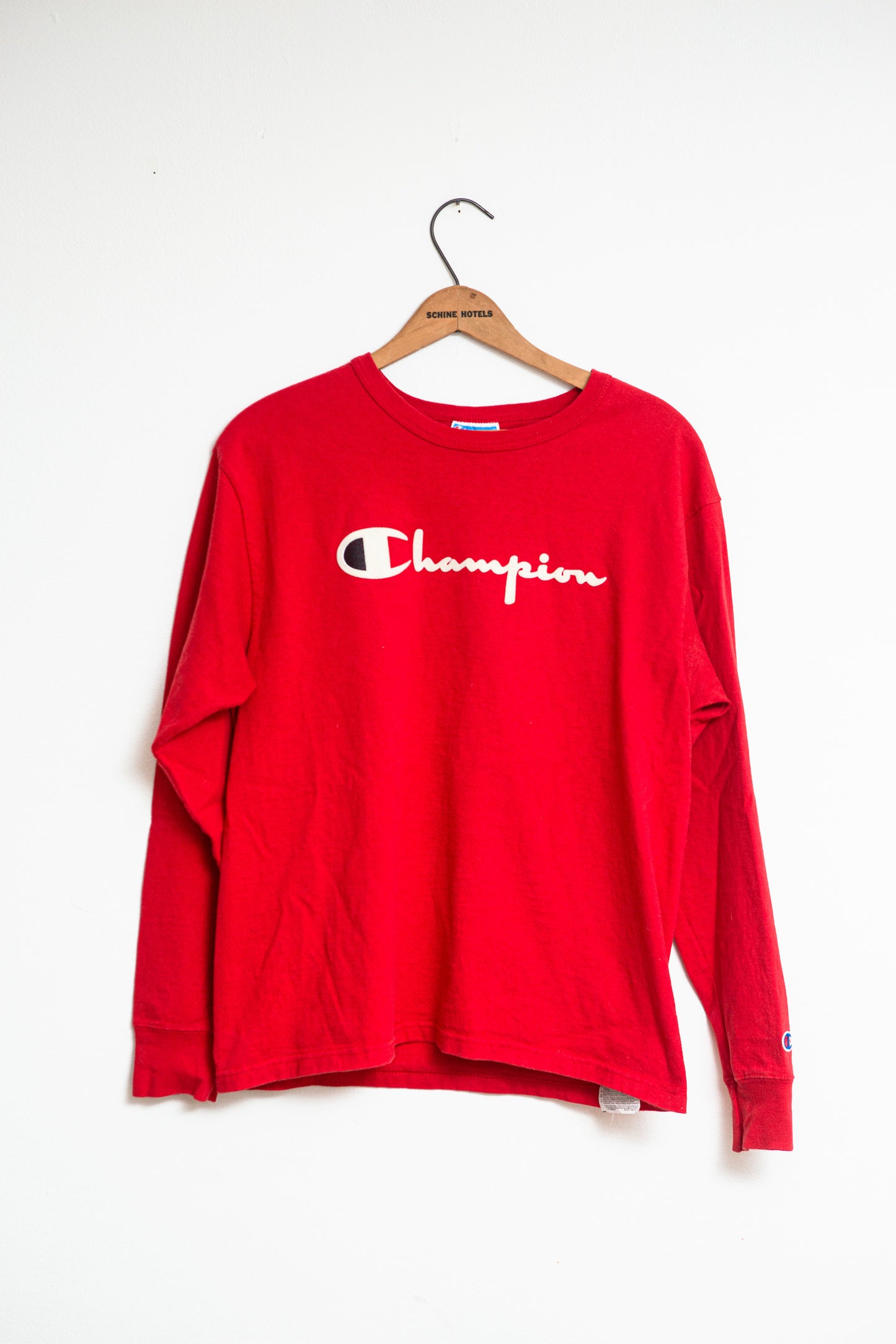 Vintage Red 90s Champion Spell Out logo Long Sleeve Shirt - | Champion